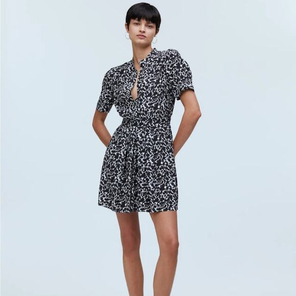 NWT Madewell Button Front Blouson Mini Shirtdress Black White Floral Crepe SZ 2 - Picture 1 of 16